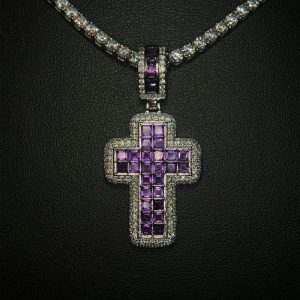 Iced Out Amethyst Block Cross Pendant