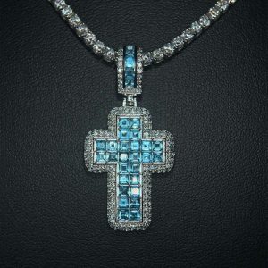 Iced Out Blue Topaz Block Cross Pendant