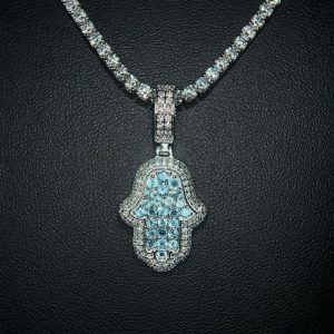 Iced Out Blue Topaz Hamsa Pendant