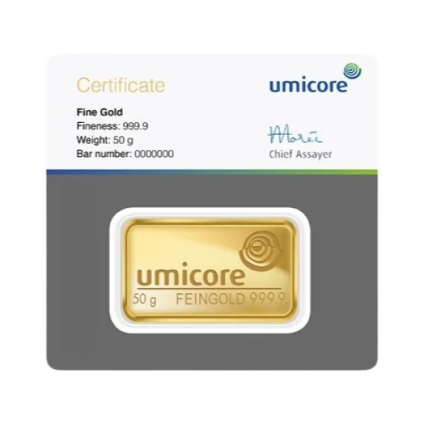 Umicore 50 g Gold Bar Wafer